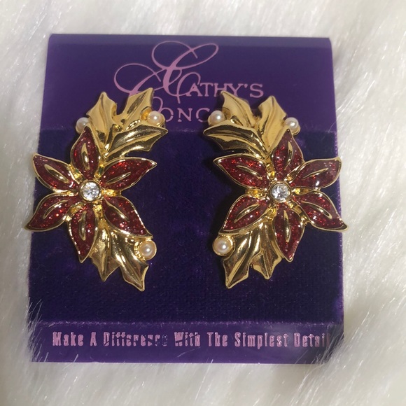 Red & Gold Poinsettia Earrings - Picture 1 of 5